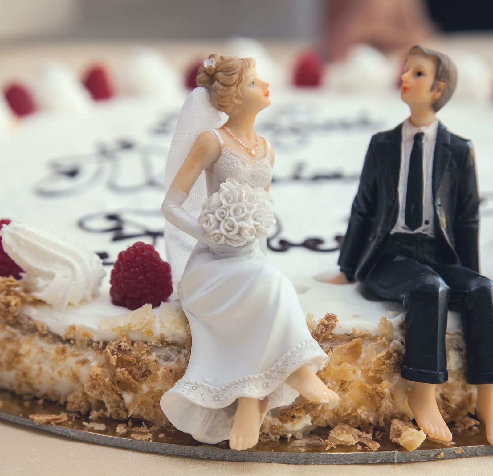 An image of a cake which has two little bride and groom toy on top