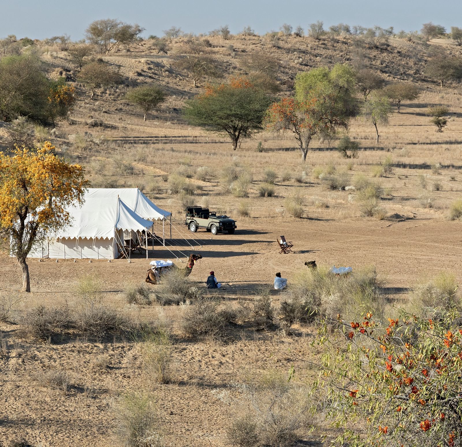 The campsite is seen from a higher altitude, showing the isolated and tranquil setting among the gentle desert terrain - MANVAR Resort & Desert Camp