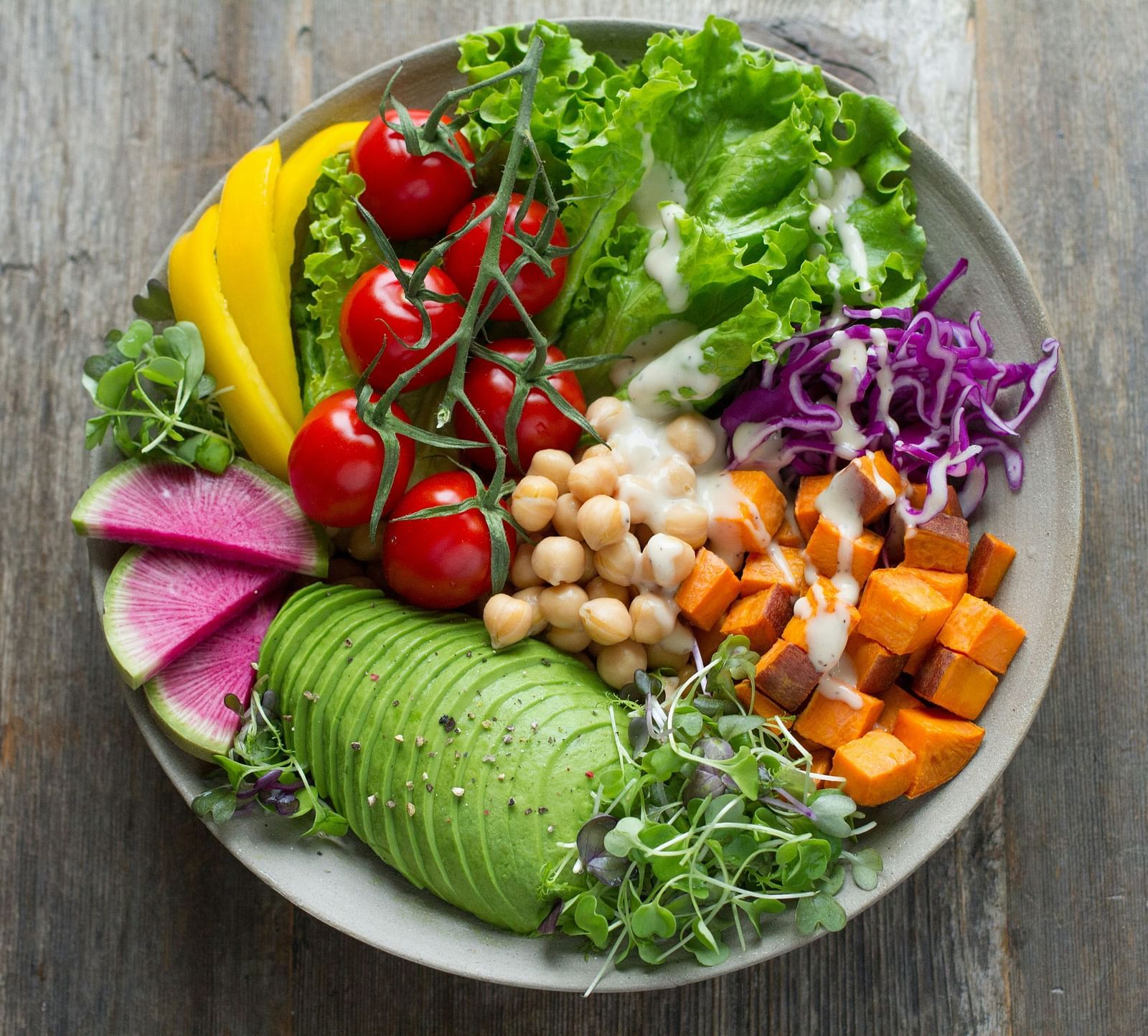 fruits bowl with colourful fruits and greens