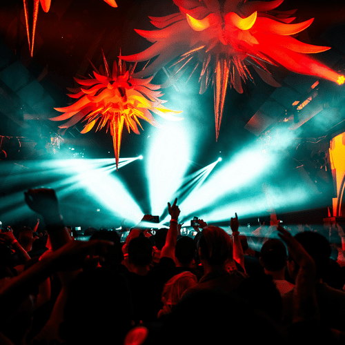 A vibrant nightclub scene with a crowd of people dancing under large, spiky, orange and red decorative lights. Bright beams of light cut through the smoky atmosphere, creating an intense, energetic vibe.