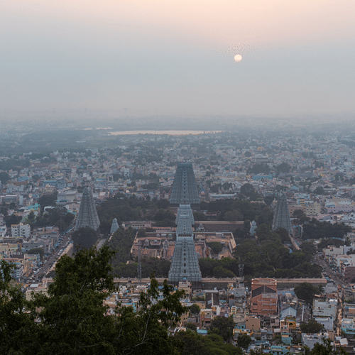 An aerial view of the town of tirupati with numerous temple's gopuram in view and other buildings and trees also in view with the sun setting in the background.