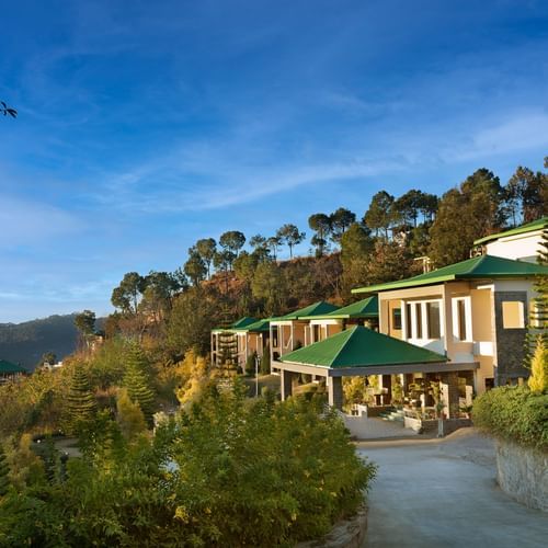 A picturesque mountain resort surrounded by lush trees, featuring stunning views of the mountains and valleys, perfect for a tranquil getaway