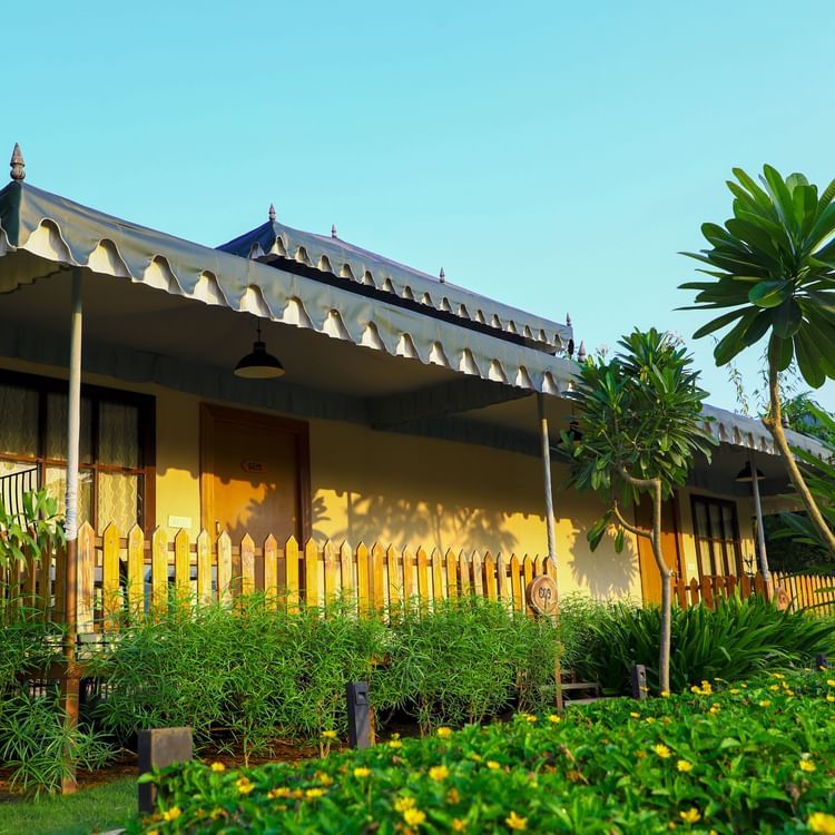 The exterior of a villa surrounded by greenery