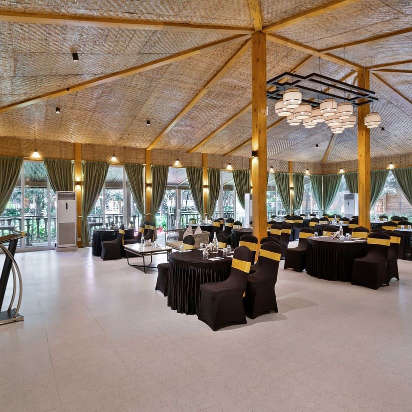 Banquet hall with serene interior decoration at Aralea Beach Resort by Stone Wood, Morjim