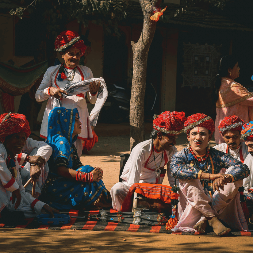 Traditional Rajasthani folk performers in colourful attire during a cultural performance
