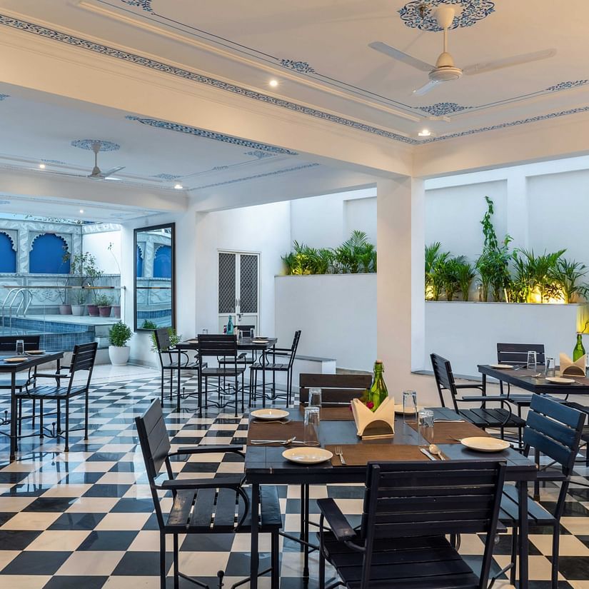 Seating arrangements inside the in-house cafe - Maan Vilas by Stone Wood, Udaipur