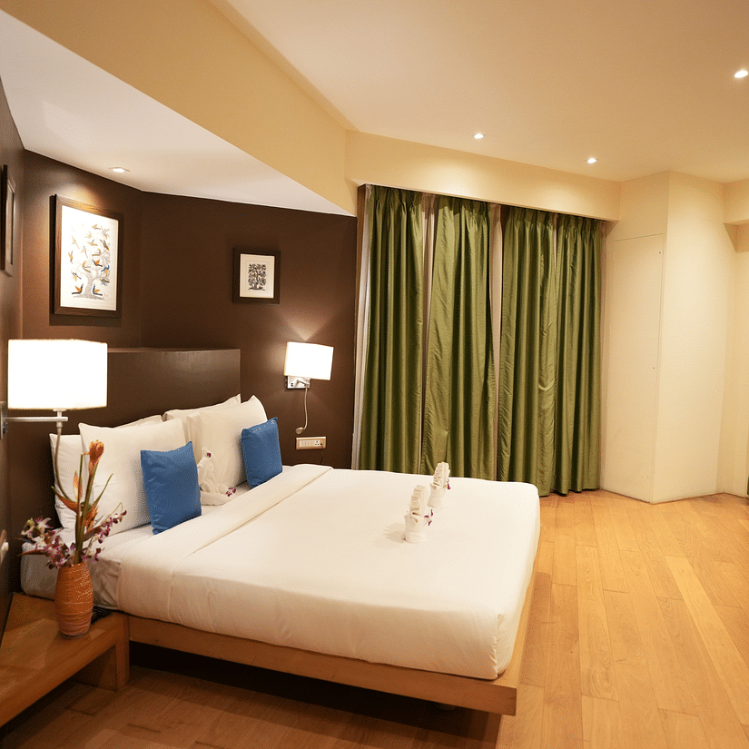 Interiors of the bedroom in the Suite The Beatle Hotel, POwai