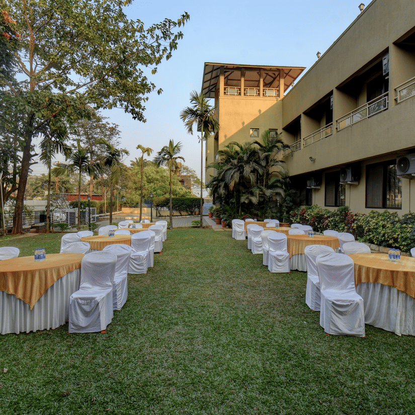 A wedding lawn setup with banquet seating for outdoor events at VITS Lonavala.
