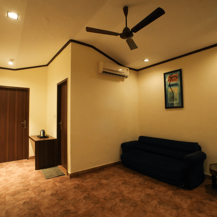 Room setup showing a dark blue sofa against a wall with a ceiling fan and wooden doors.