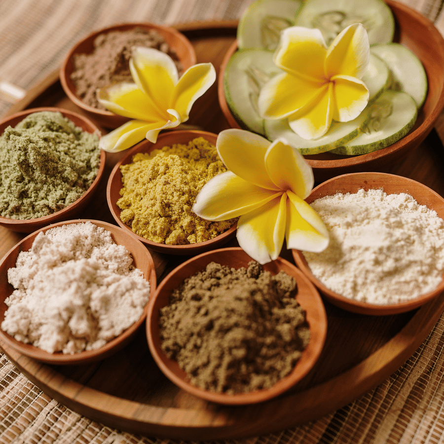 Assorted natural body scrubs and spa ingredients arranged in wooden bowls with tropical flowers.