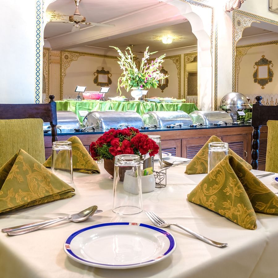 Close up image of the dining table at Hari Mahal - Mandawa Haveli, Jaipur