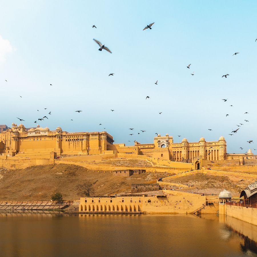 an overview of amber fort with bird flying above and blue sky in the background