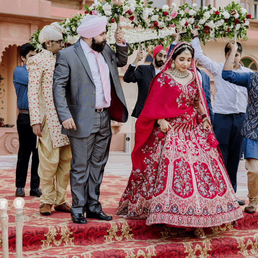 Groom’s wedding procession with family and friends during a traditional baraat entry.