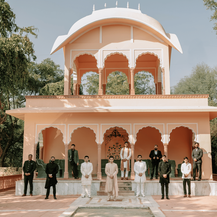 Wedding ceremony setup with guests gathered at a heritage pavilion in Umaid Palace.