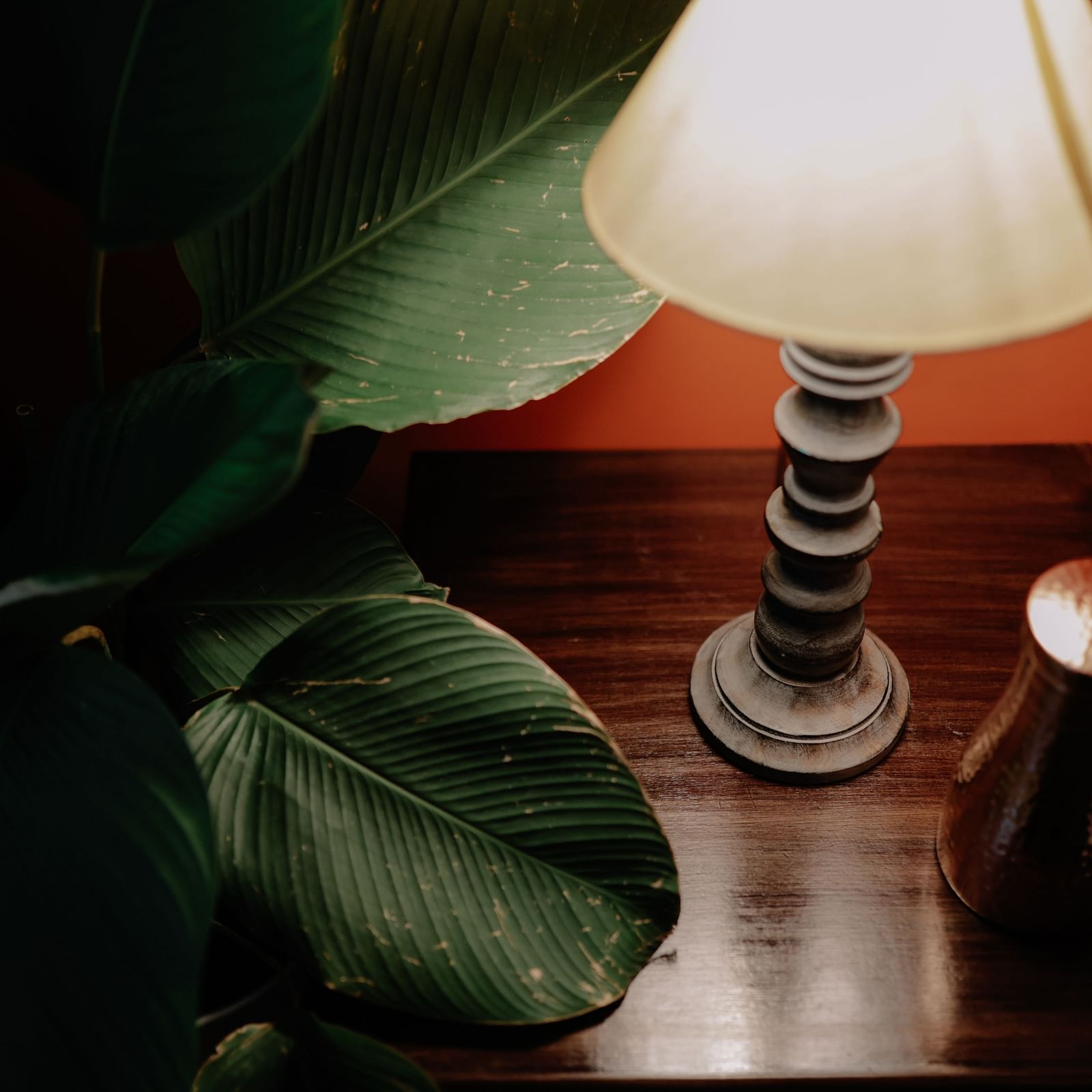 A close-up of a bedside table with a lamp, a plant, and a small decorative object  | Adhyaya Heritage Reverbed