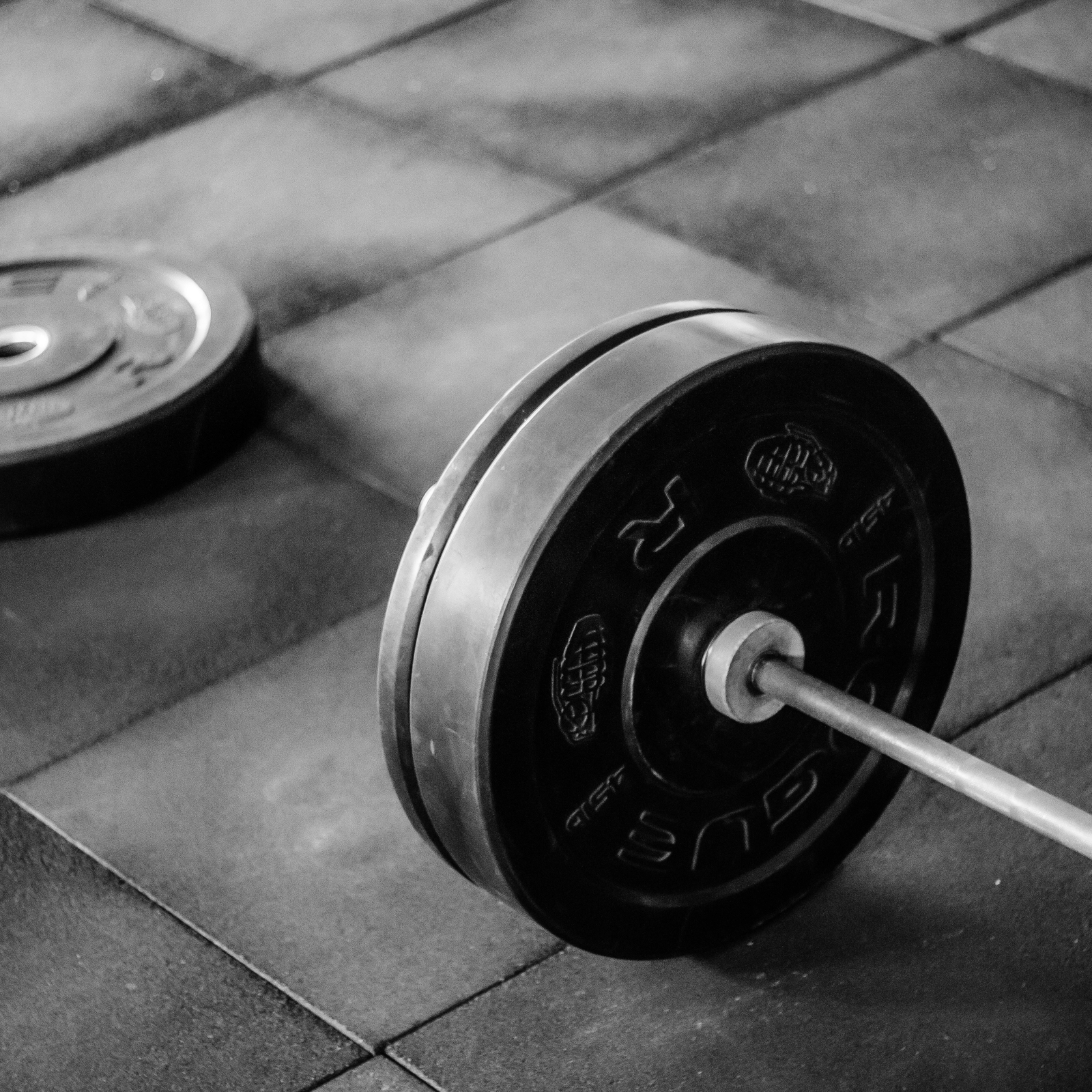 A black and white image of a barbell with weight plates on a tiled gym floor.