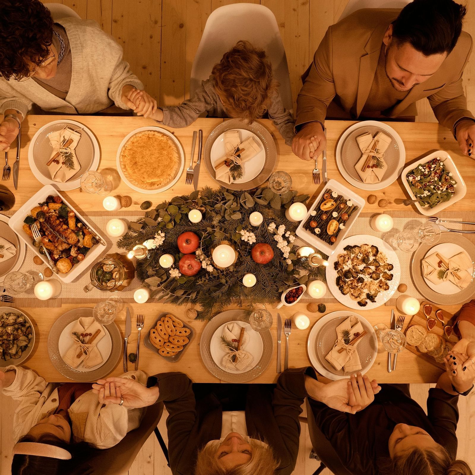 A top-down view of a Christmas dining arrangement
