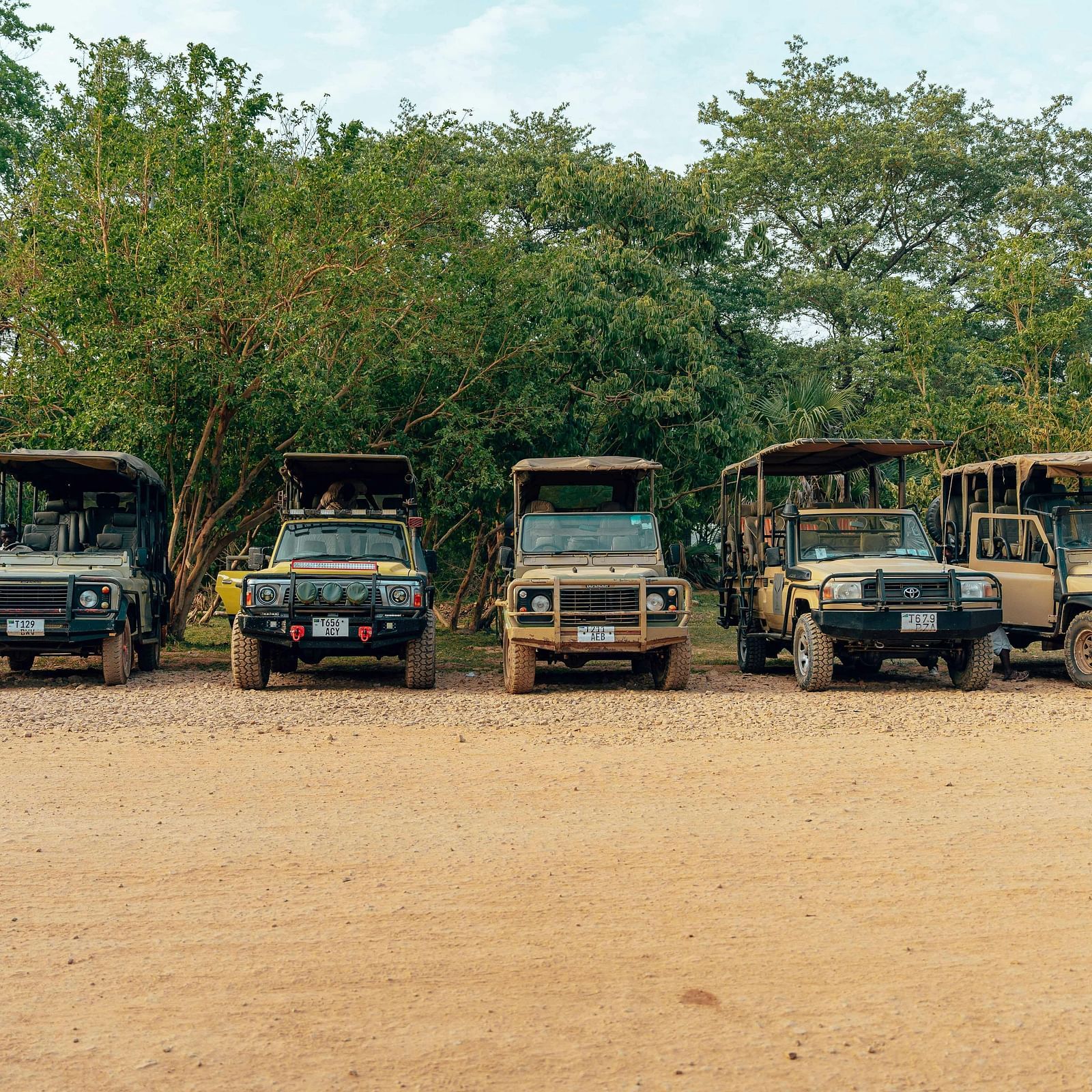 an empty ground with six jeeps parked in a line
