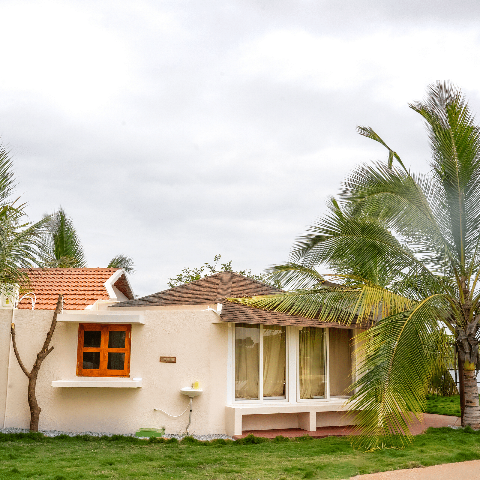 Image of a villa amidst a lawn and palm trees