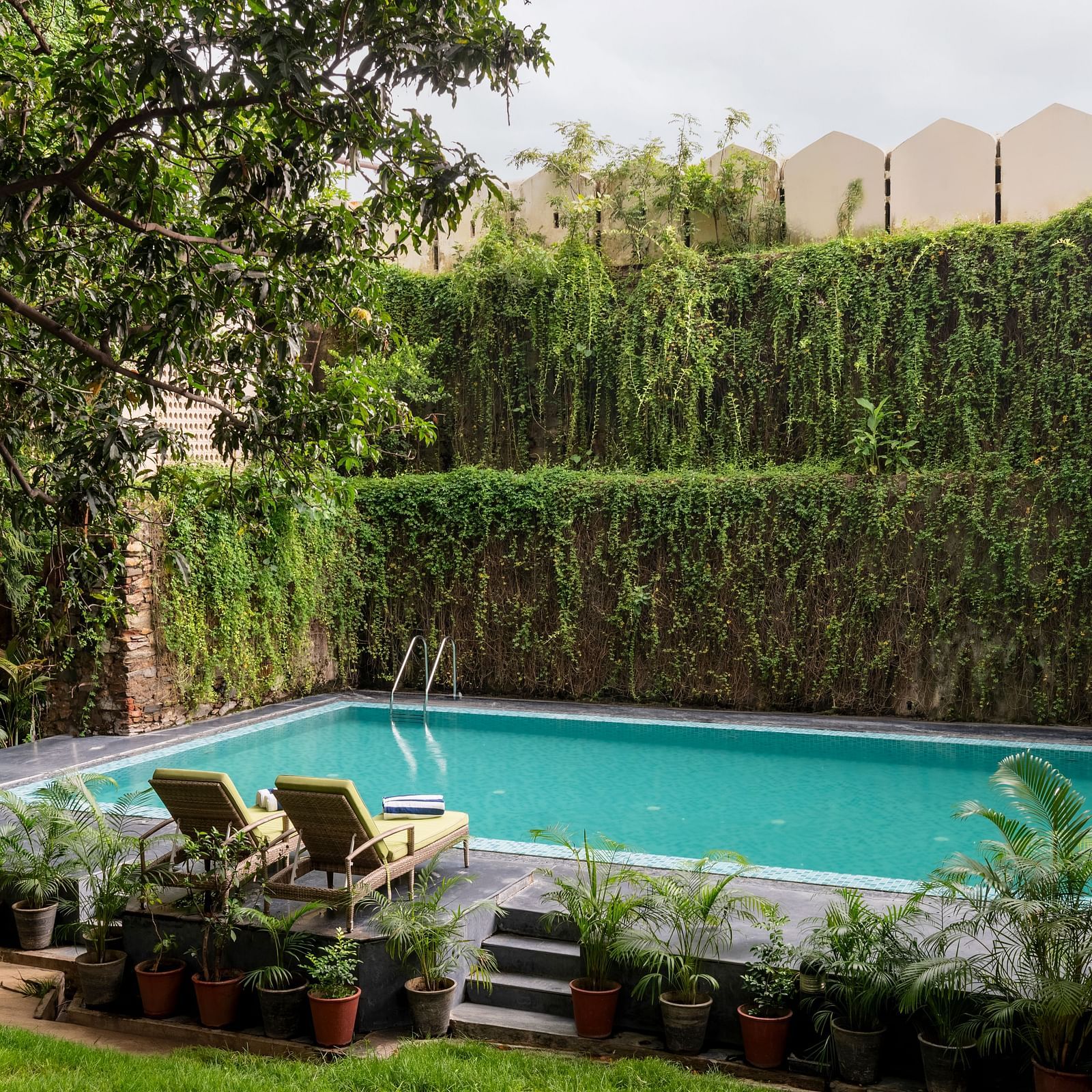 Shot of the swimming pool at the hotel in the morning - Hotel Rajdarshan, Udaipur.