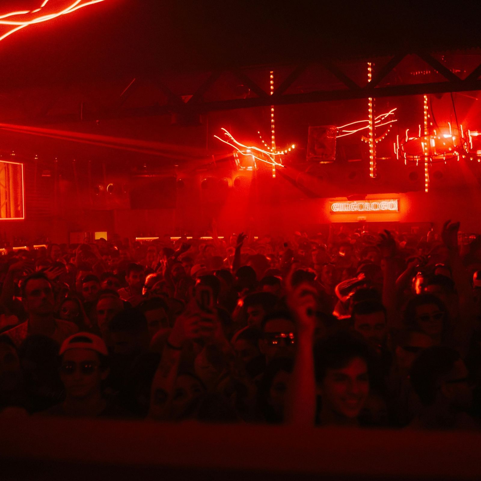 A crowd in a nightclub during a concert.