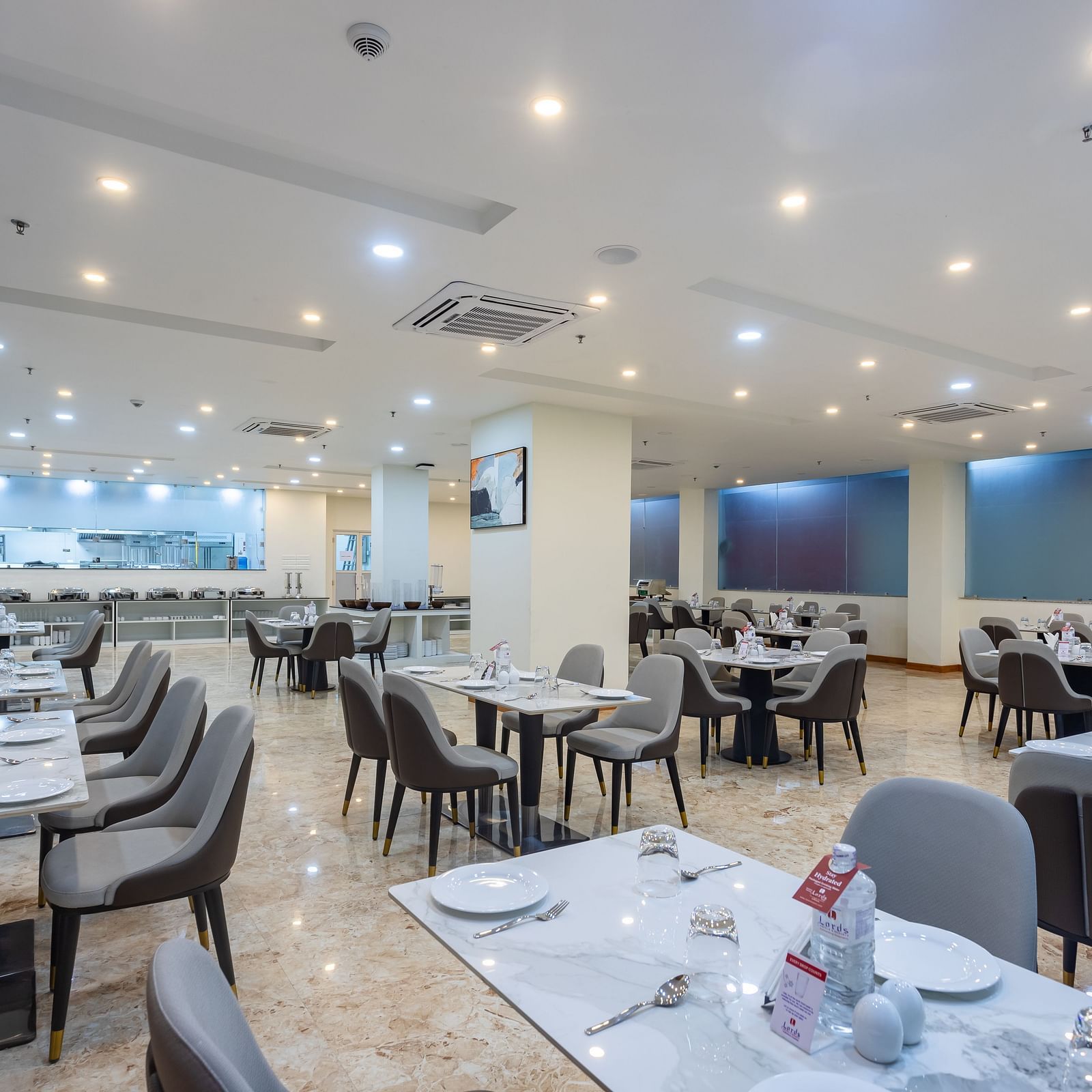Close up view of dining tables placed spaciously at the Blue Coriander Restaurant at Mandala Norling Lords Prime in Kathmandu.