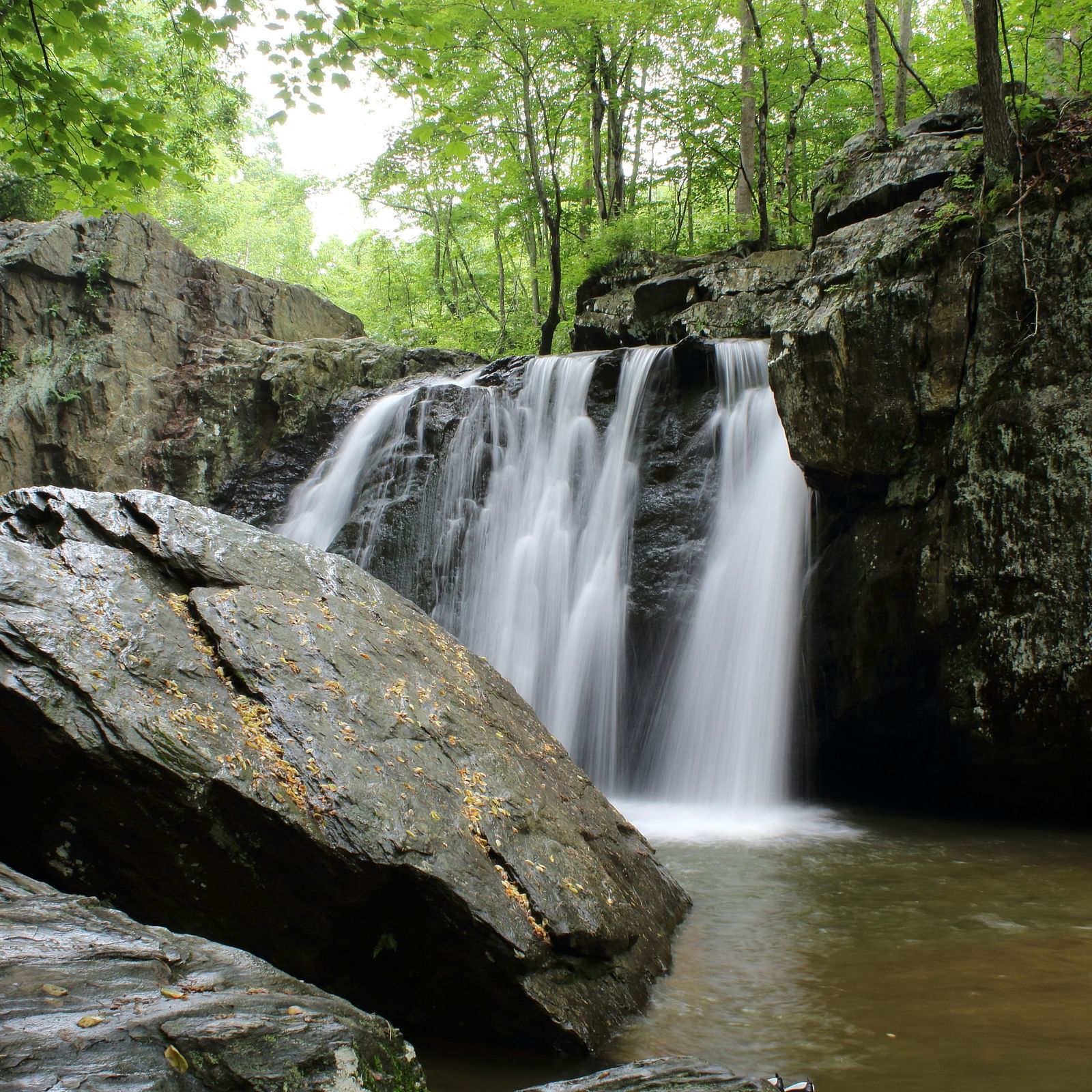 A serene waterfall cascading down a rocky cliff surrounded by lush green forest.