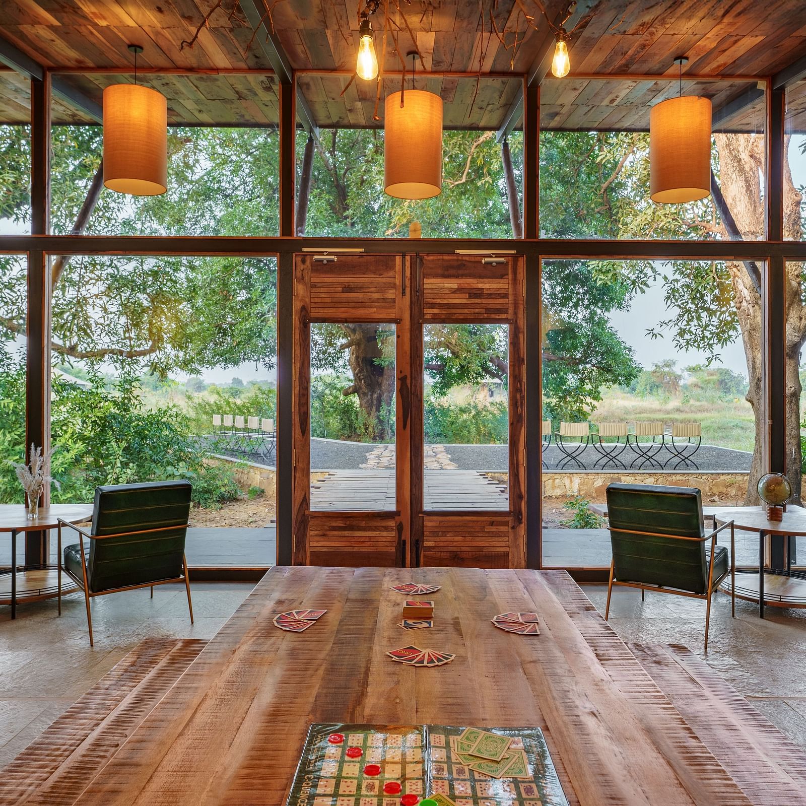 Back view wide shot focusing on the main door at Trees N Tigers, Tadoba.