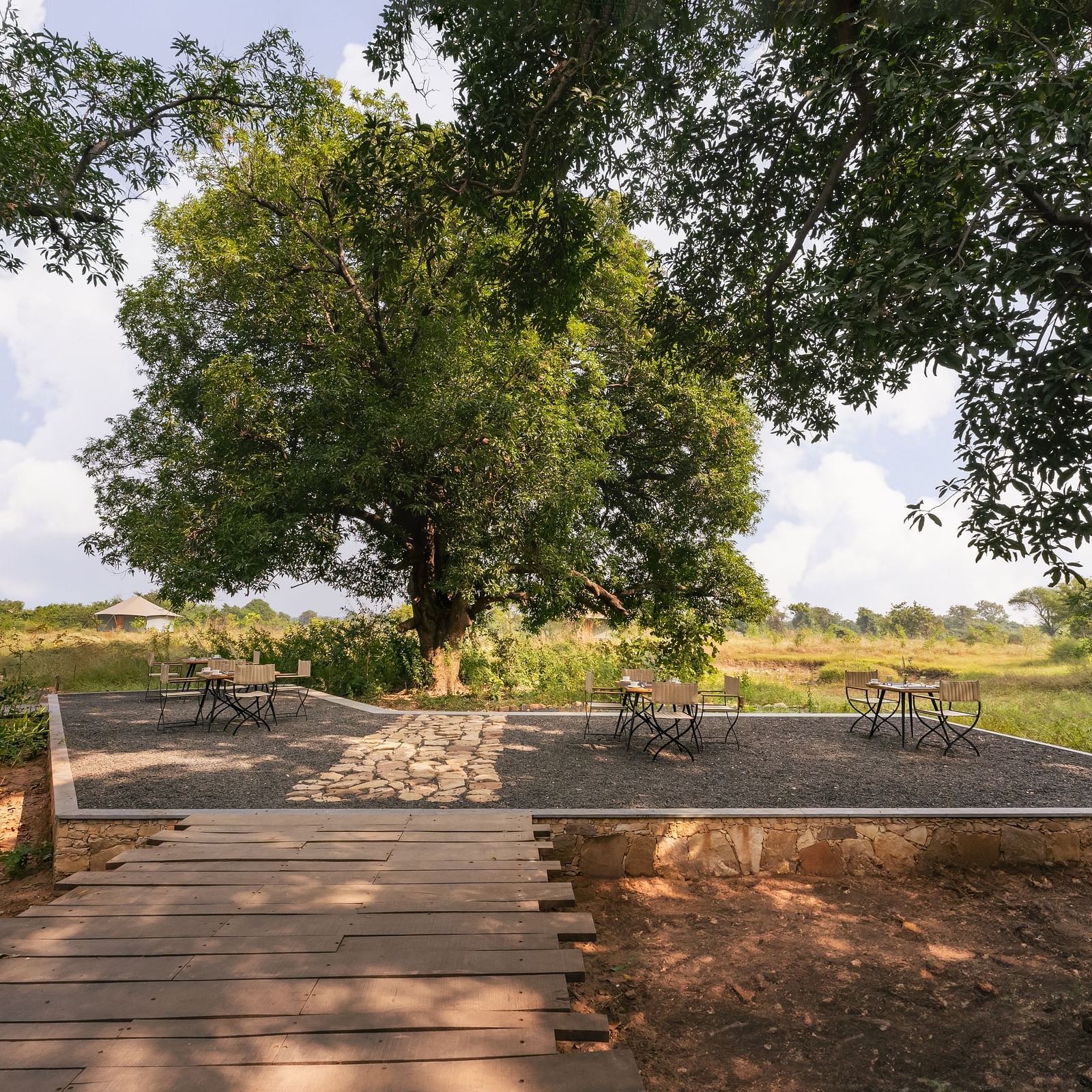 Tables and chairs in an open dining setup at Trees N Tigers, Tadoba.