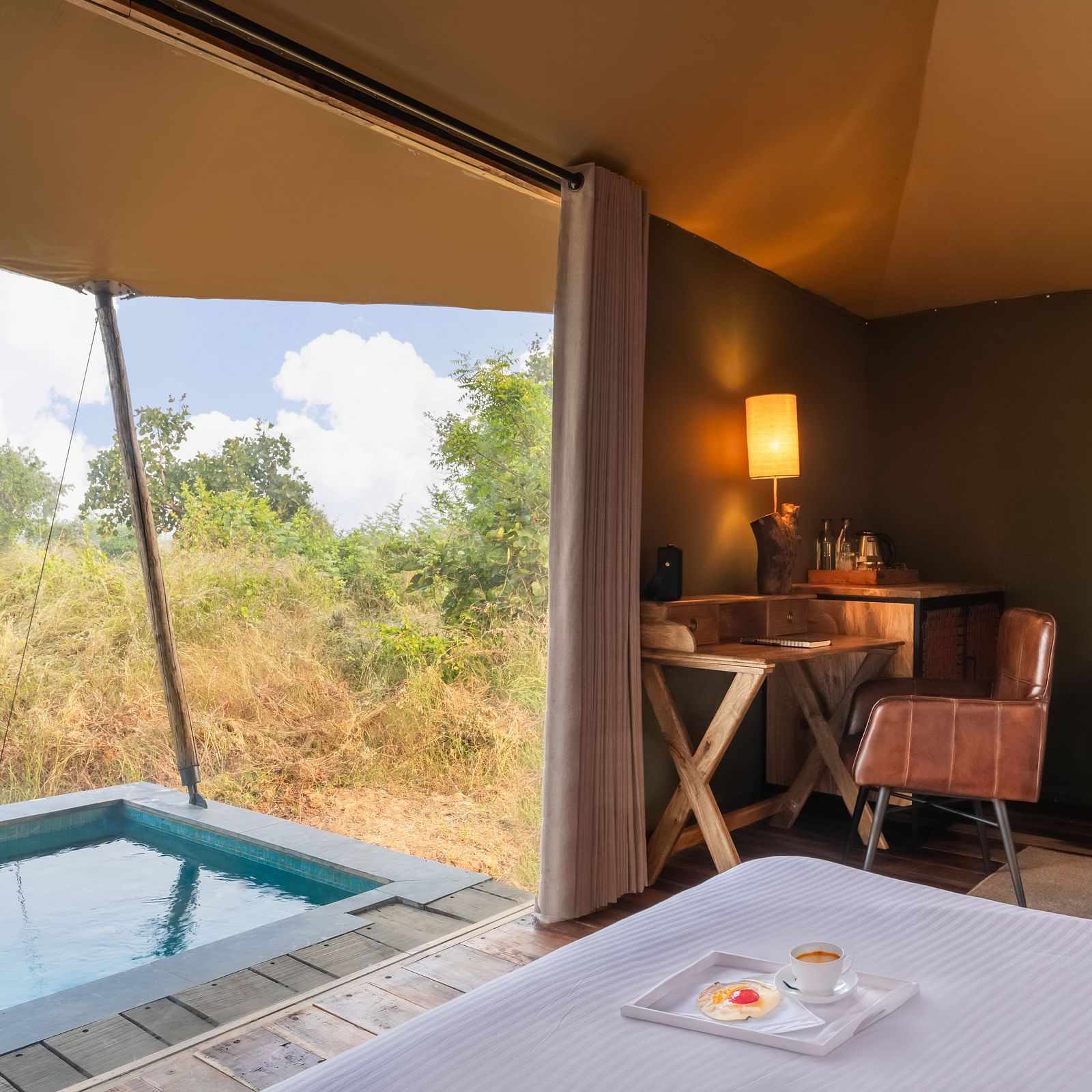 A view of a small pool from inside of a tent at Trees N Tigers, Tadoba.
