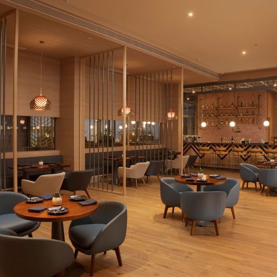 A stylish and modern dining space at High Dive Restaurant, featuring elegant seating, warm lighting, and a sophisticated bar area.