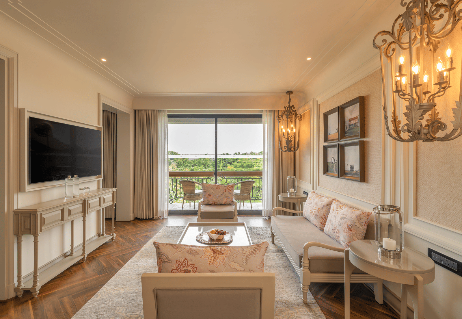 Full view of the living room of the Evren Suite with modern and premium furnishings at The Evren, Vagator.