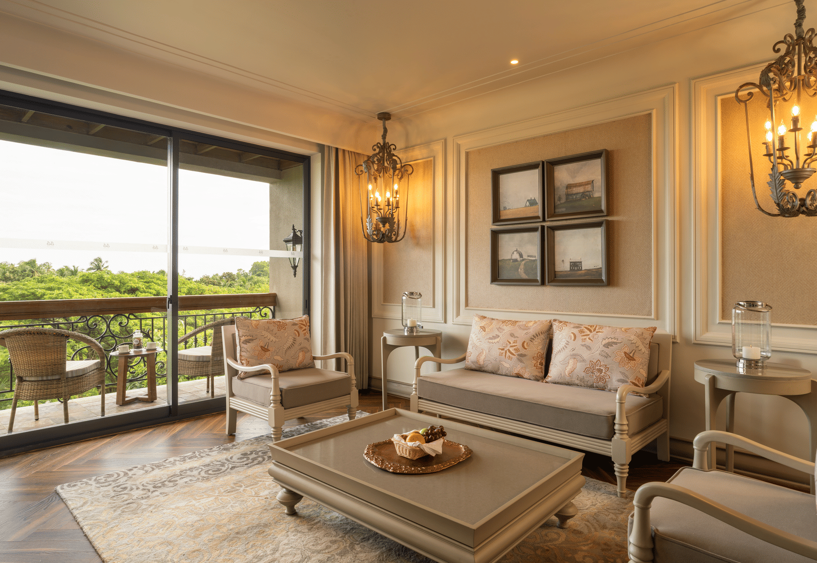 Full view of the living room of the Evren Suite with a balcony beside it at The Evren, Vagator.