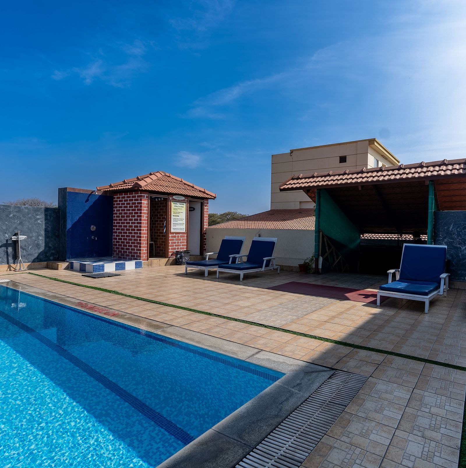 overview of the swimming pool with loungers kept on the side - Hotel Pai Vista, Mysore