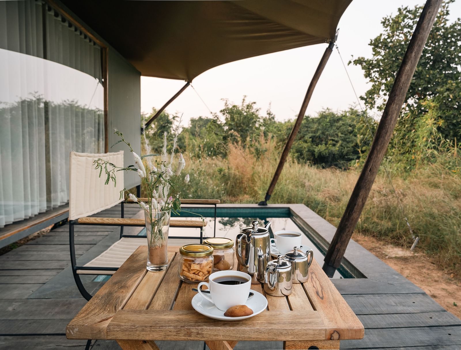 Coffee setup outside tents at Trees N Tigers, Tadoba.
