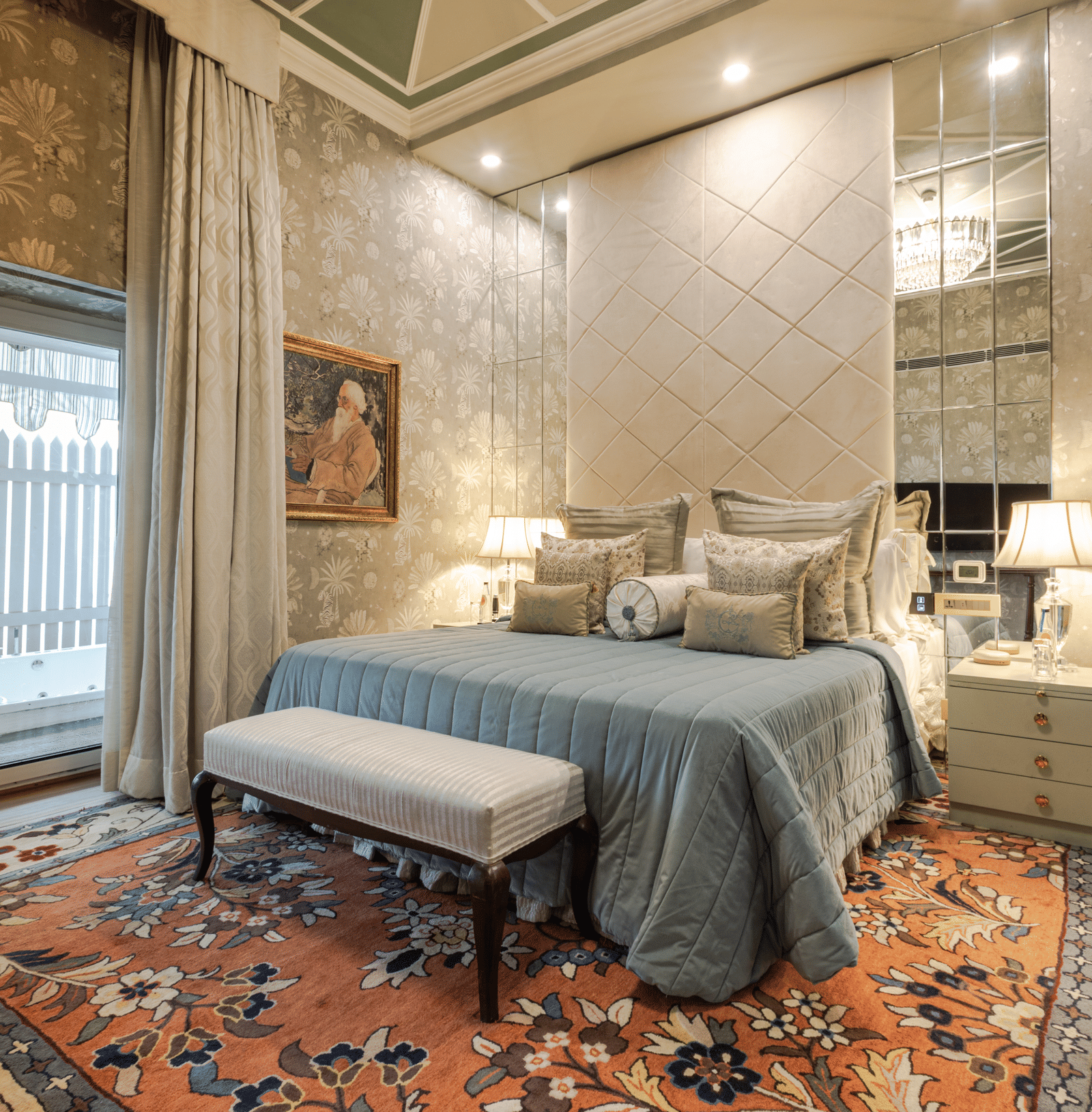Luxury Suite with Whirlpool at The Claridges New Delhi, featuring a cosy bed with bedside lamps, a table at the foot of the bed, and a large window