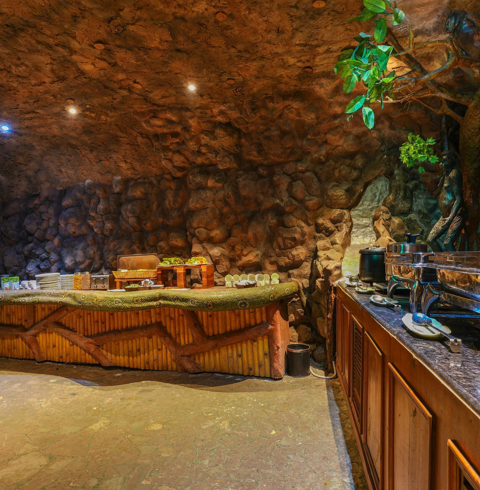 Kholong restaurant with a rock-themed décor, warm lighting, all tables, seating, and culinary arrangements arranged aesthetically4