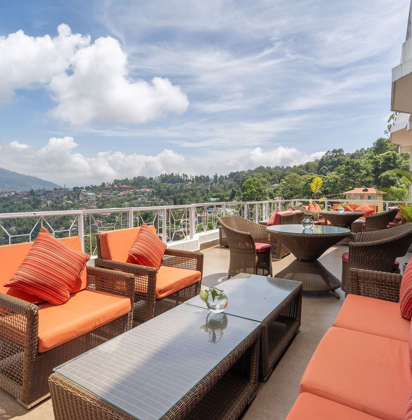 outdoor seating area at the terrace at Summit Lillium Hotel & Spa, Kalimpong