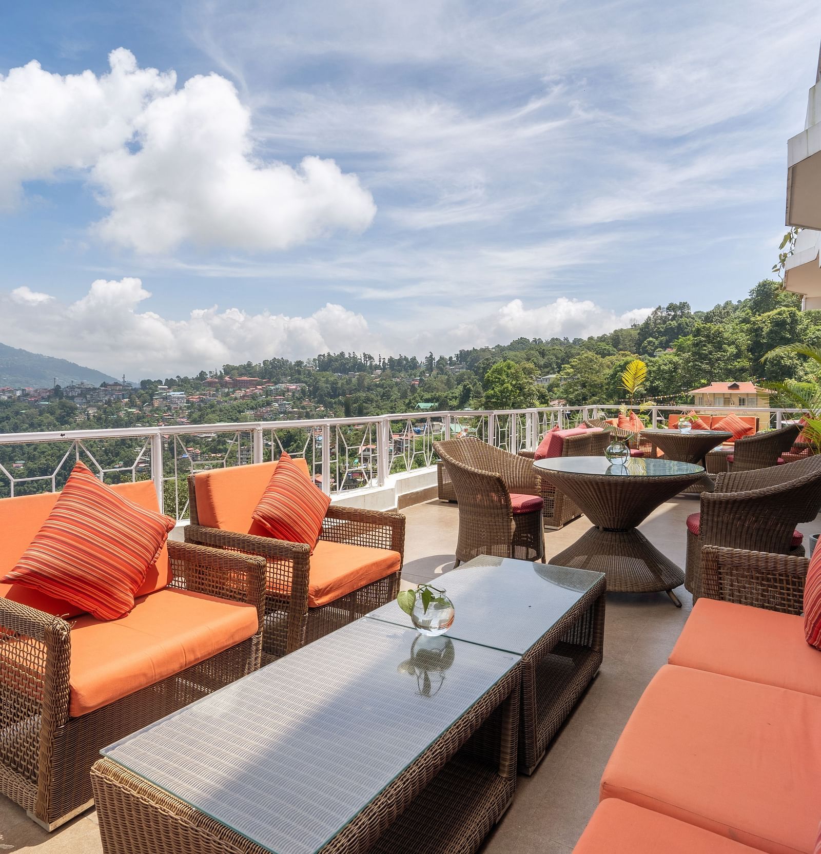outdoor seating area at the terrace at Summit Lillium Hotel & Spa, Kalimpong