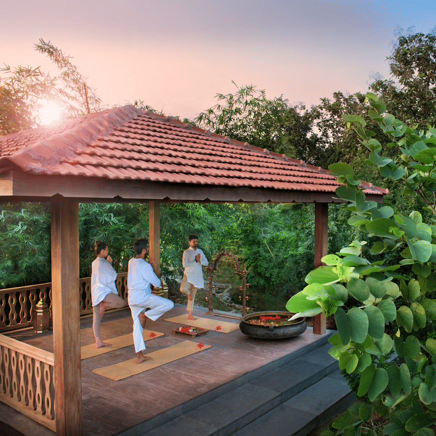 Open-air yoga pavilion at Aramness, surrounded by lush green trees, where guests and an instructor practice yoga at sunrise, evoking tranquility and connection with nature.