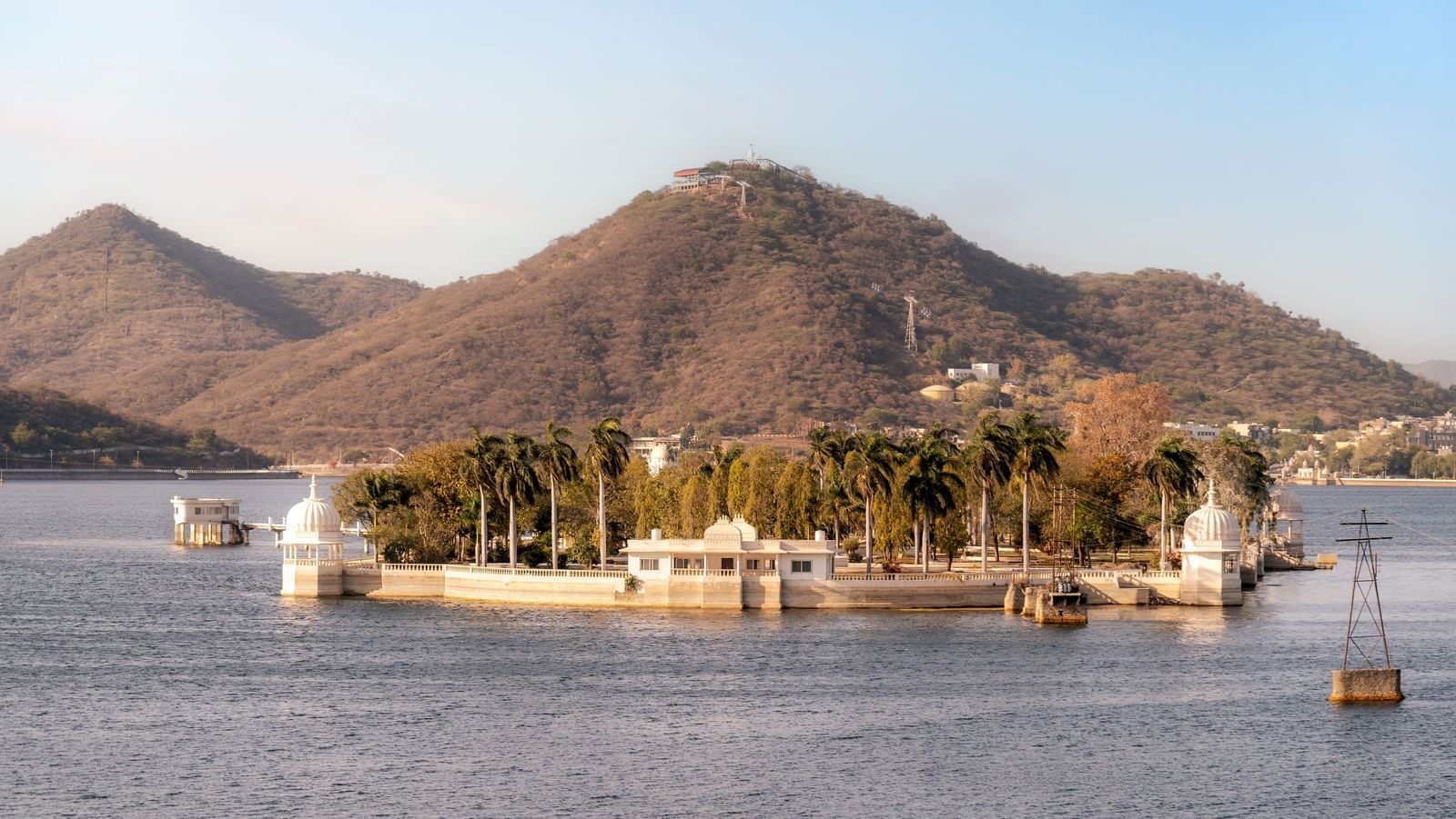Breathtaking view of Jag Mandir Island and the Aravalli hills as seen from Panna Vilas Palace’s terrace.