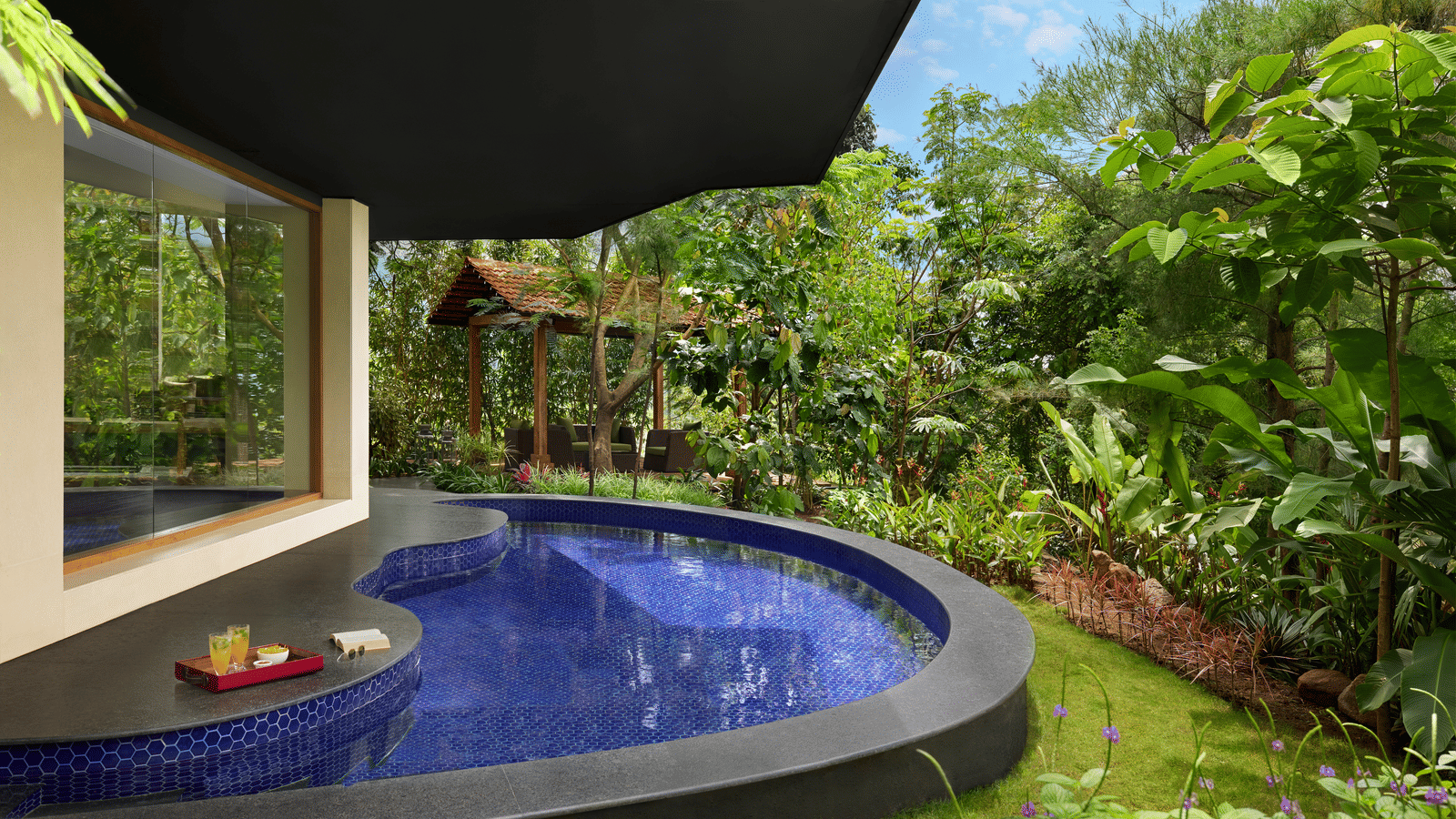 A plunge pool features a curved edge next to a lawn with plants, a gazebo, and trees under the sky in an outdoor environment at Amanzi Resort.