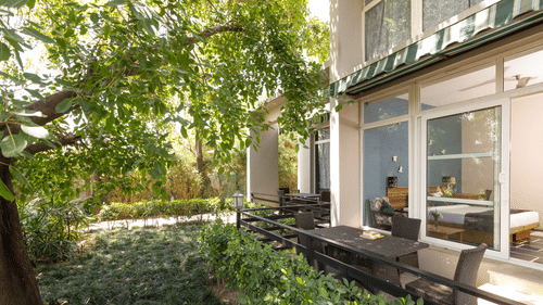 An outdoor patio area surrounded by lush green trees and foliage at The Golden Tusk, Jim Corbett