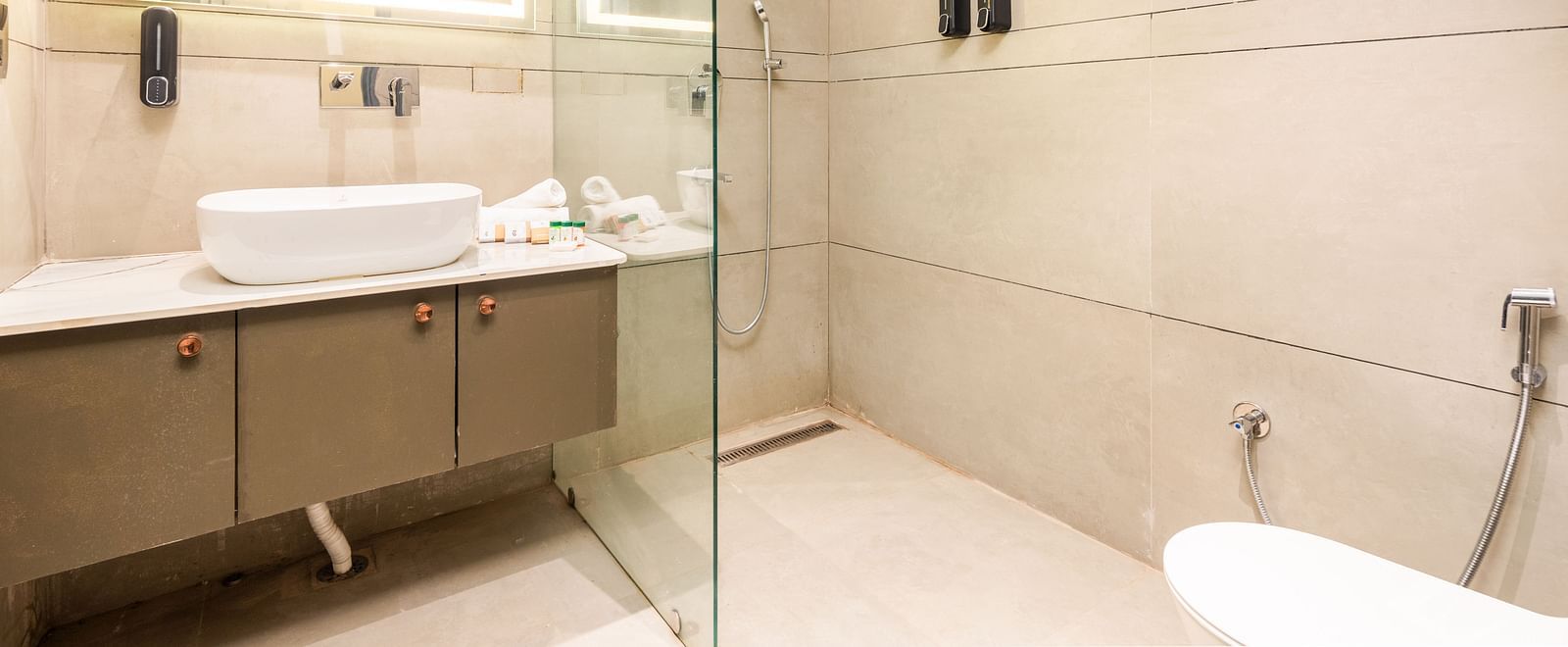 Bathroom of Deluxe Room at DLS Divine River Resort and  Spa featuring shower, sink area, mirror and a toilet.