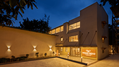 exterior facade of ABN Sarovar Portico, Jim Corbett in the evening
