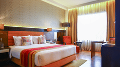 A spacious deluxe room with a king size bed, vibrant striped bedding, matching pillows, and a modern design, complemented by large windows - Balaji Sarovar Premiere, Solapur