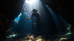 A person scuba diving and looking at the ground with the sun shining from up above