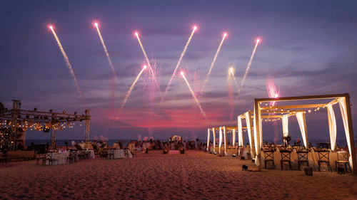 Fireworks display during a beach event at Heritage Village Resorts & Spa, Goa.