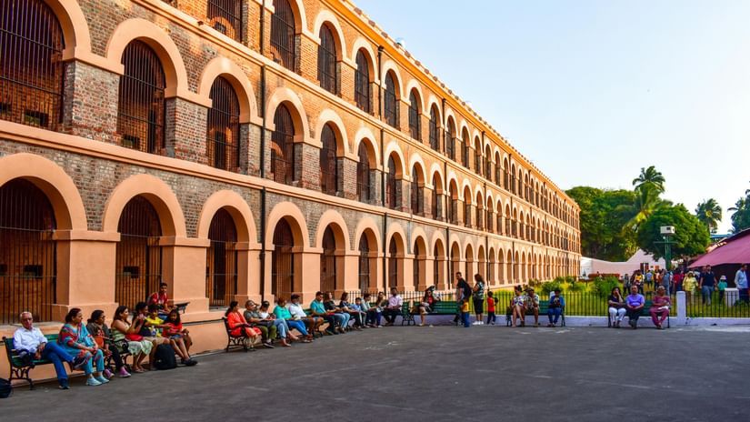 The facade of Cellular Jail in Port Blair with visitors awaiting the light and sound show that happens in the evenings.