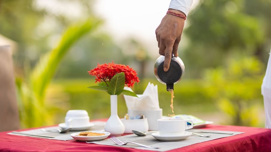 A waiter pouring tea at a table set outdoors at Clarks Safari, Ranthambore.